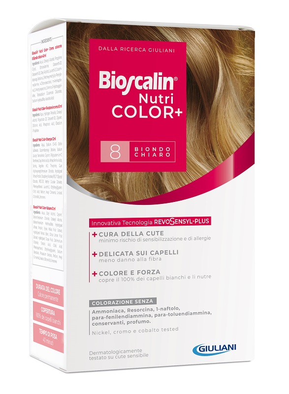 BIOSCALIN NUTRICOLOR PLUS 8 BIONDO CHIARO CREMA COLORANTE 40 ML + RIVELATORE CREMA 60 ML + SHAMPOO 12 ML + TRATTAMENTO FINALE BALSAMO 12 ML - Farmacia De Pasquale