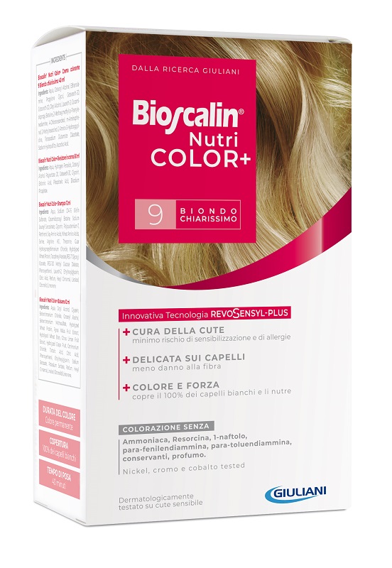 BIOSCALIN NUTRICOLOR PLUS 9 BIONDO CHIARISSIMO CREMA COLORANTE 40 ML + RIVELATORE CREMA 60 ML + SHAMPOO 12 ML + TRATTAMENTO FINALE BALSAMO 12 ML - Farmacia De Pasquale