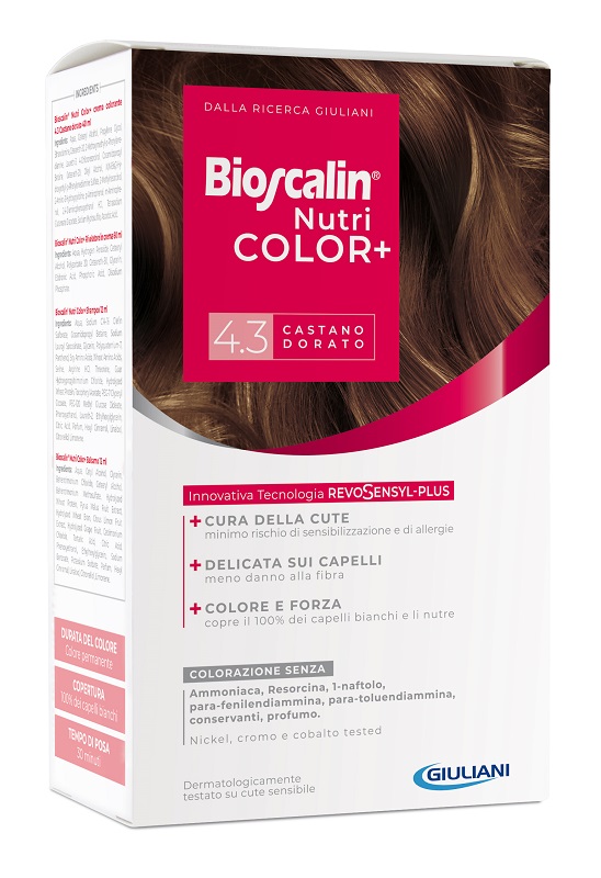 BIOSCALIN NUTRICOLOR PLUS 4,3 CASTANO DORATO CREMA COLORANTE 40 ML + RIVELATORE CREMA 60 ML + SHAMPOO 12 ML + TRATTAMENTO FINALE BALSAMO 12 ML - Farmacia De Pasquale