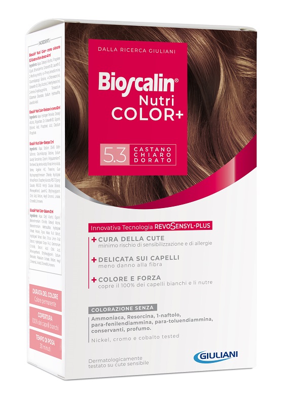 BIOSCALIN NUTRICOLOR PLUS 5,3 CASTANO CHIARO DORATO CREMA COLORANTE 40 ML + RIVELATORE CREMA 60 ML + SHAMPOO 12 ML + TRATTAMENTO FINALE BALSAMO 12 ML - Farmacia De Pasquale