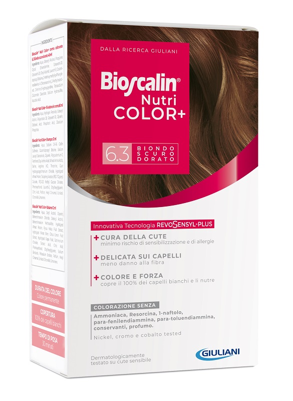 BIOSCALIN NUTRICOLOR PLUS 6,3 BIONDO SCURO DORATO CREMA COLORANTE 40 ML + RIVELATORE CREMA 60 ML + SHAMPOO 12 ML + TRATTAMENTO FINALE BALSAMO 12 ML - Farmacia De Pasquale