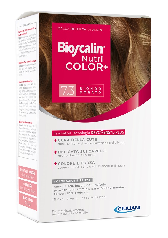 BIOSCALIN NUTRICOLOR PLUS 7,3 BIONDO DORATO CREMA COLORANTE 40 ML + RIVELATORE CREMA 60 ML + SHAMPOO 12 ML + TRATTAMENTO FINALE BALSAMO 12 ML - Farmacia De Pasquale
