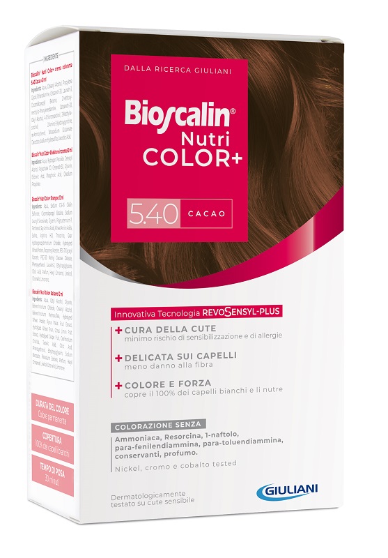 BIOSCALIN NUTRICOLOR PLUS 5,40 CACAO CREMA COLORANTE 40 ML + RIVELATORE CREMA 60 ML + SHAMPOO 12 ML + TRATTAMENTO FINALE BALSAMO 12 ML - Farmacia De Pasquale