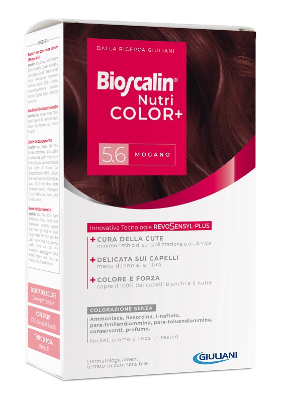 BIOSCALIN NUTRICOLOR PLUS 5,6 MOGANO CREMA COLORANTE 40 ML + RIVELATORE CREMA 60 ML + SHAMPOO 12 ML + TRATTAMENTO FINALE BALSAMO 12 ML - Farmacia De Pasquale