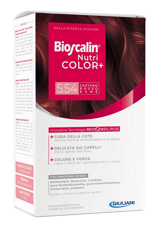 BIOSCALIN NUTRICOLOR PLUS 5,54 CASTANO ROSSO RAME CREMA COLORANTE 40 ML + RIVELATORE CREMA 60 ML + SHAMPOO 12 ML + TRATTAMENTO FINALE BALSAMO 12 ML - Farmacia De Pasquale