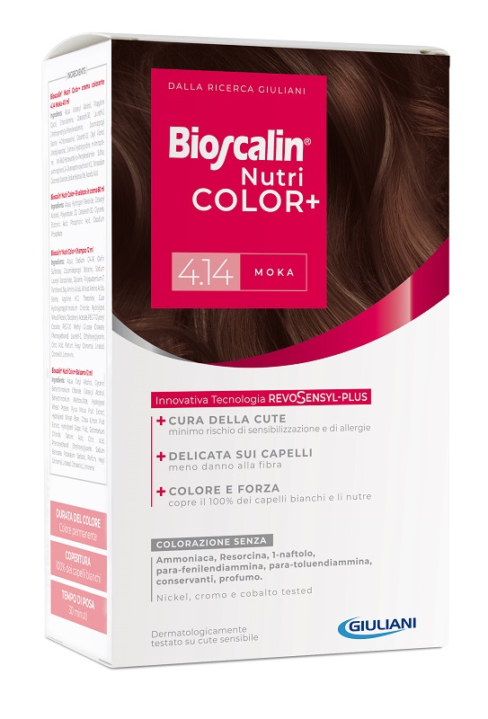 BIOSCALIN NUTRICOLOR PLUS 4,14 MOKA CREMA COLORANTE 40 ML + RIVELATORE CREMA 60 ML + SHAMPOO 12 ML + TRATTAMENTO FINALE BALSAMO 12 ML - Farmacia De Pasquale