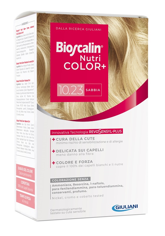 BIOSCALIN NUTRICOLOR PLUS 10,23 SABBIA CREMA COLORANTE 40 ML + RIVELATORE CREMA 60 ML + SHAMPOO 12 ML + TRATTAMENTO FINALE BALSAMO 12 ML - Farmacia De Pasquale