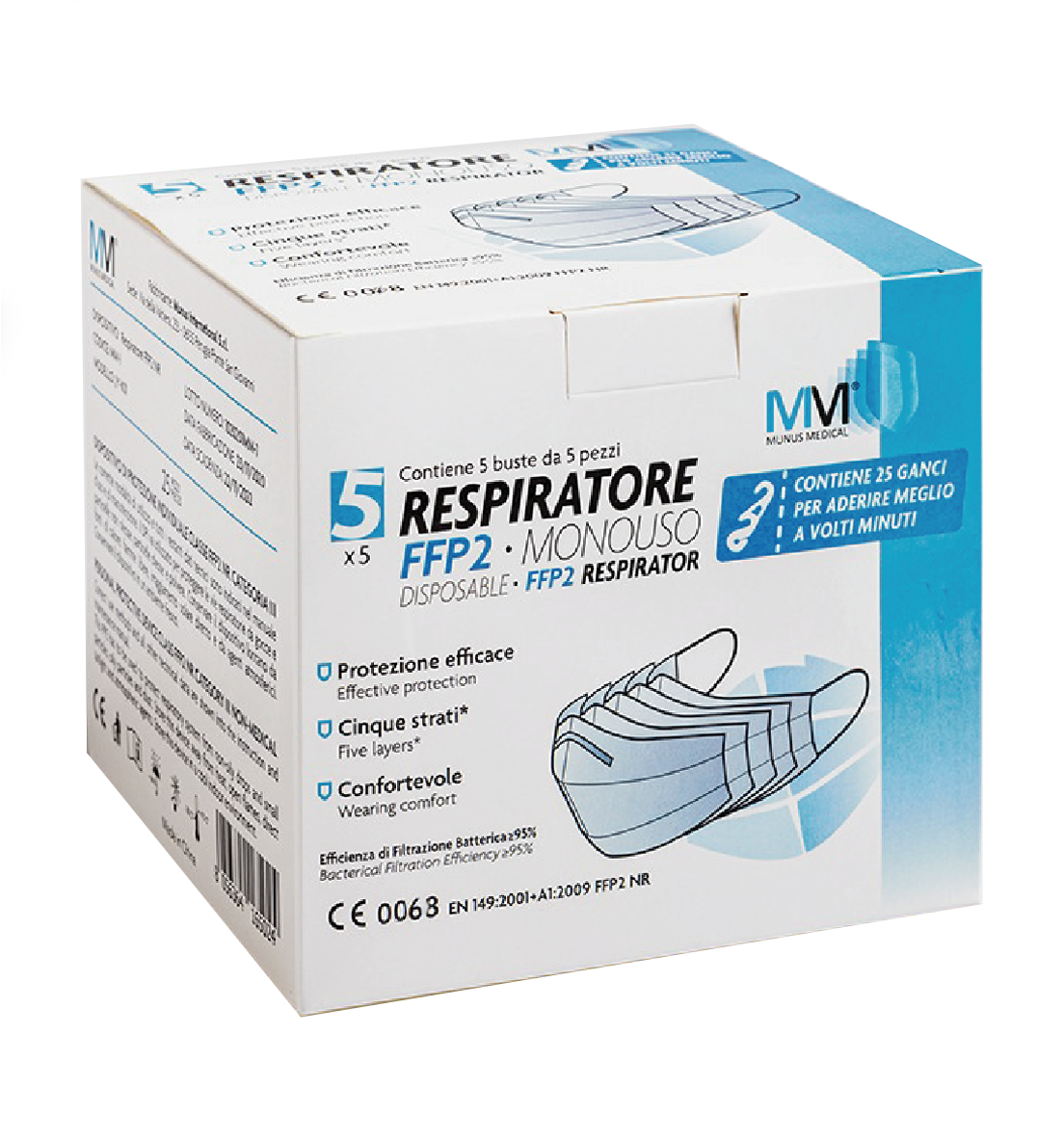 MUNUS MED RESPIRATORE FFP2 CLASSE III + GANCIO ADATTATORE 5 BUSTE DA 5 PEZZI - Farmacia De Pasquale