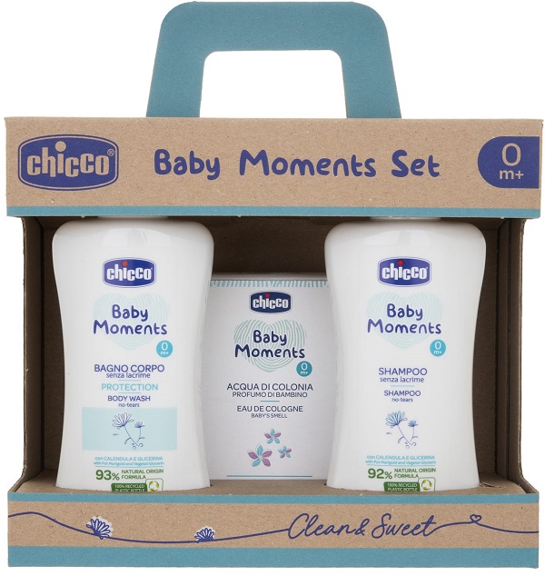 CHICCO BABY MOMENTS SET BAGNOSCHIUMA PELLI DELICATE 200 ML + SHAMPOO PELLI DELICATE 200 ML + ACQUA DI COLONIA BABY SMELL PELLI DELICATE 100 ML - Farmacia De Pasquale