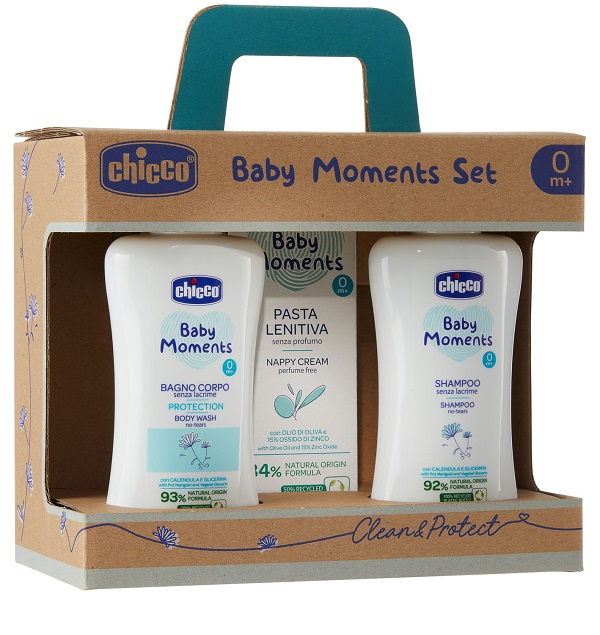 CHICCO BABY MOMENTS SET BAGNOCHIUMA PELLI DELICATE 200 ML + SHAMPOO PELLI DELICATE 200 ML + PASTA CAMBIO PELLI DELICATE 100 ML - Farmacia De Pasquale