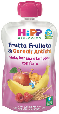 HIPP BIO FRUTTA FRULLATA&CEREALI ANTICHI MELA BANANA LAMPONE FARRO 90 G - Farmacia De Pasquale