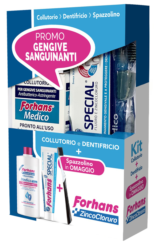 FORHANS KIT GENGIVE SANGUINANTI 1 FORHANS COLLUTORIO MEDICO 250 ML + 1 FORHANS DENTIFRICIO SPECIAL 75 ML + 1 FORHANS SPAZZOLINO MEDICO IN OMAGGIO - Farmacia De Pasquale
