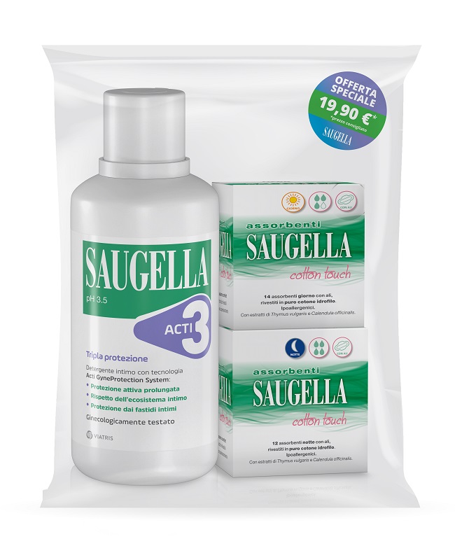 SAUGELLA ACTI3 DETERGENTE INTIMO + 2 SCATOLE ASSORBENTI GIORNO E NOTTE - Farmacia De Pasquale