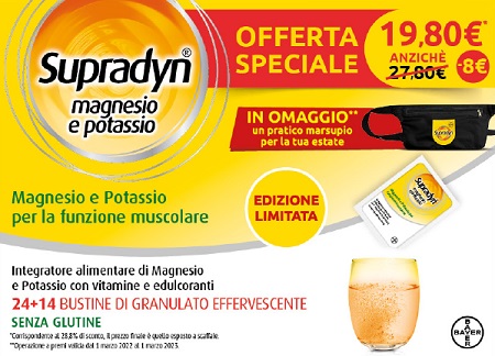 SUPRADYN MAGNESIO/POTASSIO SPORT EDITION 1 SUPRADYN MAGNESI O&POTASSIO 24 BUSTE + 1 SUPRADYN MAGNESIO&POTASSIO 14 BUSTE MARSUPIO OMAGGIO - Farmacia De Pasquale