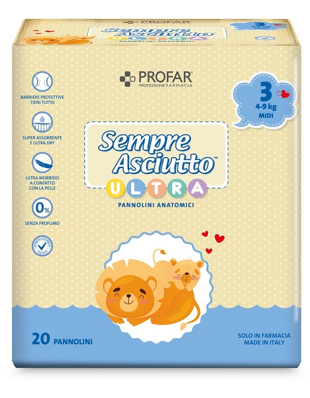 PANNOLINI PROFAR SEMPRE ASCIUTTO ULTRA MIDI 4/9 KG 20 PEZZI - Farmacia De Pasquale