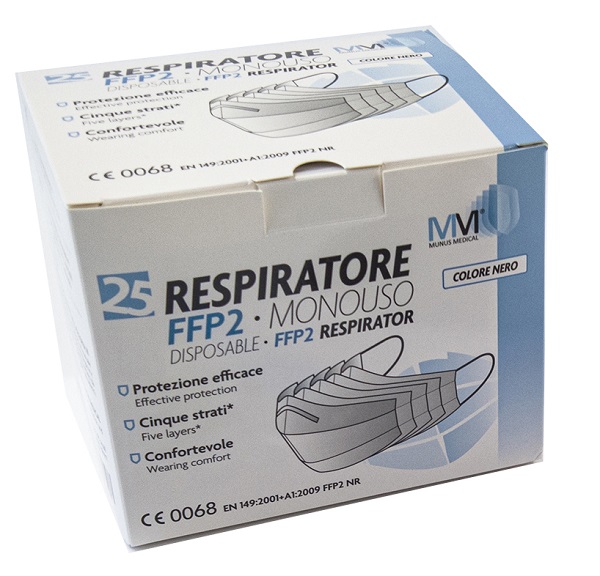 MUNUS MEDICAL RESPIRATORE FFP2 NR CLASSE III NERO 25 PEZZI - Farmacia De Pasquale