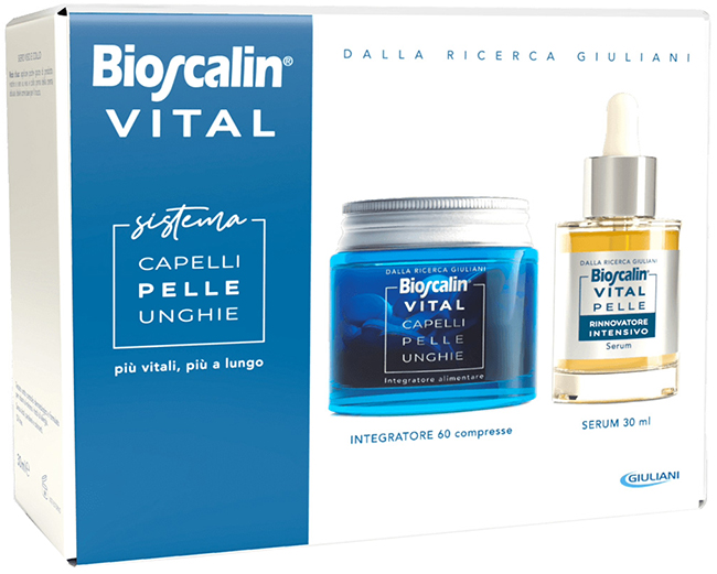 BIOSCALIN VITAL SISTEMA CAPELLI PELLE & UNGHIE BIOSCALIN CAPELLI PELLE & UNGHIE 60 COMPRESSE + SIERO RIGENERANTE VISO 30 ML - Farmacia De Pasquale