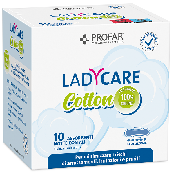 LADYCARE ASSORBENTI COTTON IPOALLERGENICI NOTTE CON ALI 10 PEZZI PROFAR - Farmacia De Pasquale