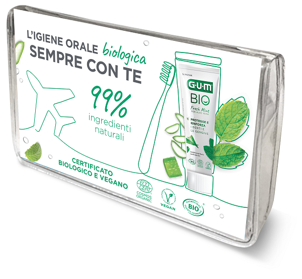 GUM TRAVEL KIT BIO 1 SPAZZOLINO + 1 DENTIFRICIO +  1 SCOVOLINO INTERDENTALE - Farmacia De Pasquale