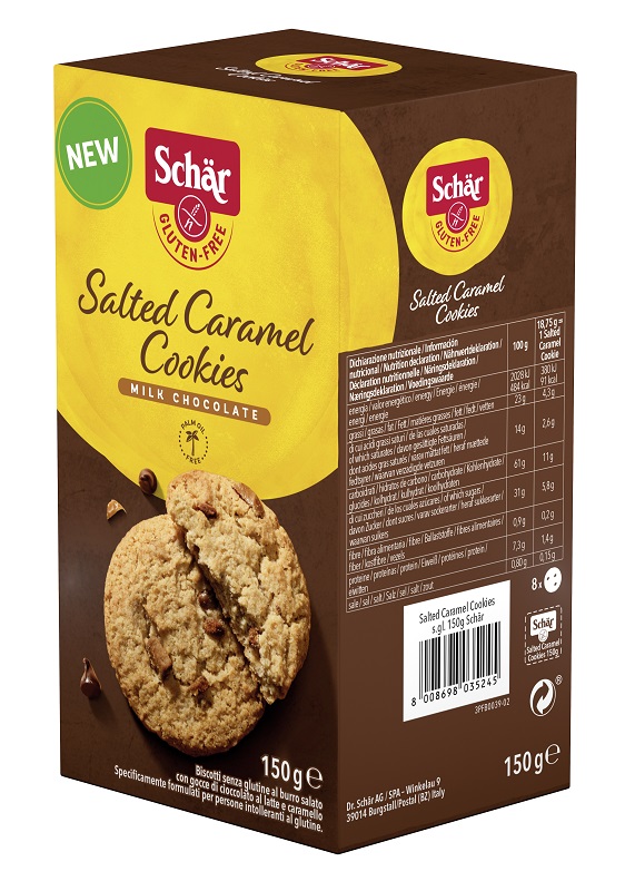 SCHAR SALTED CARAMEL COOKIES CON GOCCE DI CIOCCOLATO AL LATTE E CARAMELLO 150 G - Farmacia De Pasquale