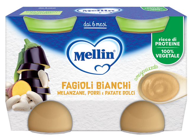 MELLIN OMOGENEIZZATO FAGIOLI BIANCHI E MELANZANE 2 PEZZI DA 130 G - Farmacia De Pasquale