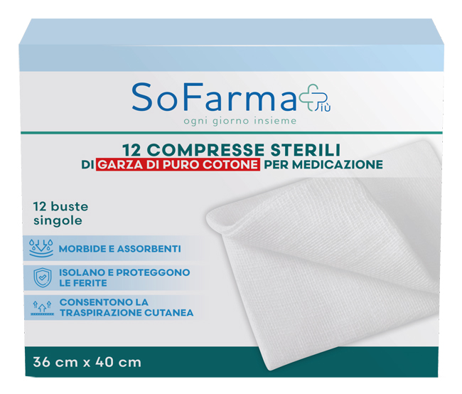 GARZA COMPRESSA IN COTONE 36X40 CM 12 PEZZI SOFARMAPIU' - Farmacia De Pasquale