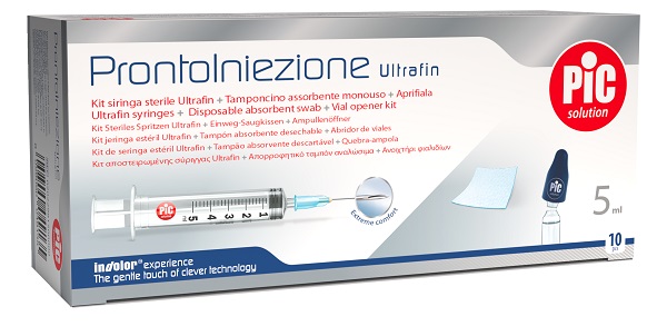 PRONTOINIEZIONE ULTRAFIN KIT SIRINGA STERILE 5 ML GAUGE 23 10 PEZZI + TAMPONCINO ASSORBENTE MONOUSO + APRIFIALA - Farmacia De Pasquale