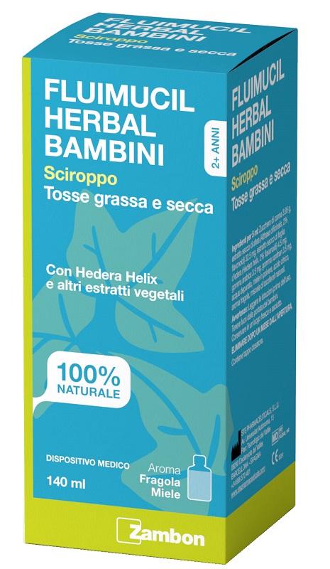 FLUIMUCIL HERBAL BAMBINI SCIROPPO TOSSE GRASSA E SECCA 140 ML AROMA FRAGOLA E MIELE SENZA GLUTINE SENZA LATTOSIO - Farmacia De Pasquale